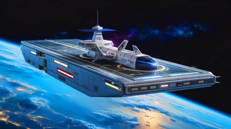 Illustration of an orbital aircraft carrier developed by Gravitics in collaboration with the U.S. Space Force.