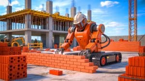 Illustration of the Hadrian bricklaying robot in action at a construction site.