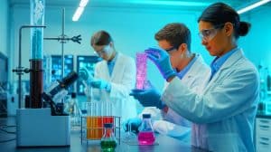 Illustration of Scientists Developing a Catalyst to Convert CO2 into Useful Products.