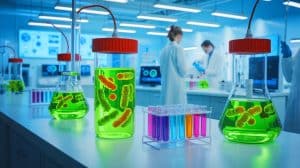 Illustration of China's investment in living battery technology using electroactive bacteria as an eco-friendly energy solution.