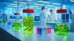 Illustration of China's investment in living battery technology using electroactive bacteria as an eco-friendly energy solution.