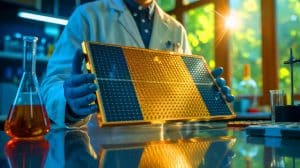 Illustration of a researcher holding a new ultrathin solar cell with a gold nano-mirror.