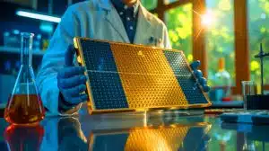 Illustration of a researcher holding a new ultrathin solar cell with a gold nano-mirror.