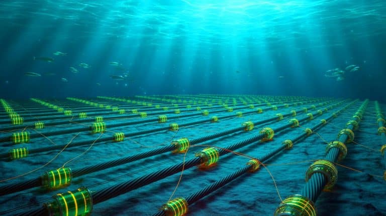 Illustration of undersea fiber-optic cables repurposed as sonar arrays through Distributed Acoustic Sensing technology.