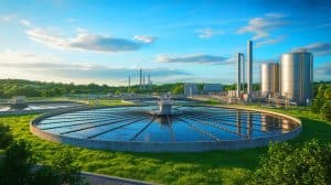 Illustration of a wastewater treatment plant emitting greenhouse gases.