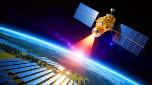 Illustration of a satellite equipped with mirrors designed to beam solar power to Earth.