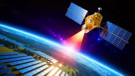 Illustration of a satellite equipped with mirrors designed to beam solar power to Earth.