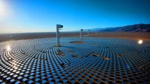 Illustration of the Ivanpah Solar Electric Generating System with its heliostats and towers in the Mojave Desert.
