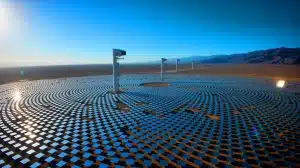 Illustration of the Ivanpah Solar Electric Generating System with its heliostats and towers in the Mojave Desert.