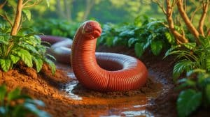 Illustration of the Gippsland giant earthworm emerging from the soil in southeastern Australia's Bass River Valley.