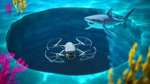 Illustration of a drone being attacked by a shark in the depths of the Great Blue Hole.