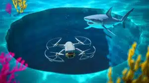 Illustration of a drone being attacked by a shark in the depths of the Great Blue Hole.