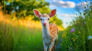 Illustration of an albino fawn discovered on a Texas roadside during a wildlife rescue.