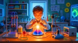 Illustration of a young inventor achieving nuclear fusion in his home laboratory.