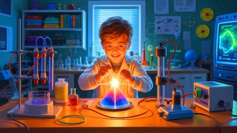 Illustration of a young inventor achieving nuclear fusion in his home laboratory.