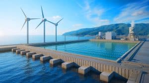 Illustration of osmotic energy generation at the Fukuoka facility using fresh and salt water mixing to produce electricity.
