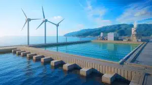 Illustration of osmotic energy generation at the Fukuoka facility using fresh and salt water mixing to produce electricity.