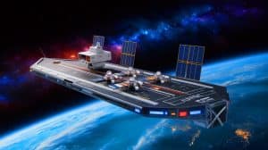 Illustration of an orbital aircraft carrier concept developed by Gravitics and the U.S. Space Force.