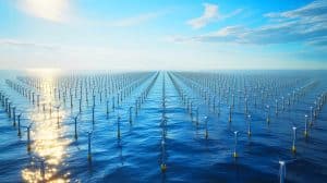 Illustration of an offshore eolic wall with tiny turbines innovatively packed together, pioneered by a Norwegian company.