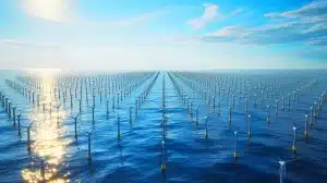 Illustration of an offshore eolic wall with tiny turbines innovatively packed together, pioneered by a Norwegian company.