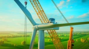 Illustration of a wind turbine rotor being assembled during crane day.
