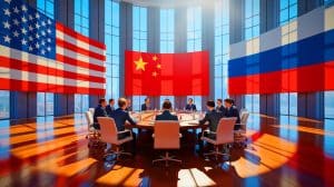 Illustration of high-stakes negotiations between the United States, China, and Russia on trade and nuclear arms.