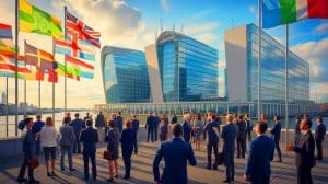 U.S. Blocks Global Carbon Tax on Ships, Sparking Debate on Environmental Responsibility and Economic Fairness Illustration of the International Maritime Organization's headquarters in London during a climate regulation meeting.