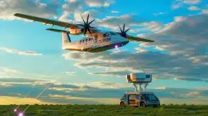 Illustration of a DLR Dornier 228 research aircraft transmitting individual photons to a mobile ground station.
