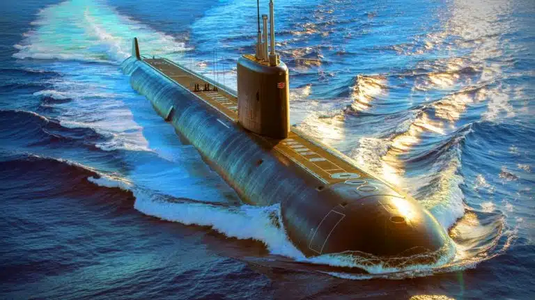Illustration of the Virginia-class submarine Massachusetts (SSN 798) undergoing initial sea trials.
