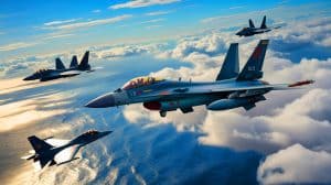 Illustration of a J-16 fighter jet flying in the sky during the China International Aviation and Aerospace Exhibition.