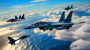 Illustration of a J-16 fighter jet flying in the sky during the China International Aviation and Aerospace Exhibition.