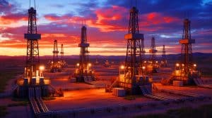 Illustration of U.S. oil and gas rigs reflecting recent industry trends and regional variations.