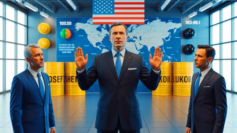 US Sanctions on Rosneft and Lukoil Reshape Global Oil Market, Impacting Energy Prices and Supply Chains Illustration of the U.S. imposing sanctions on Russian oil companies Rosneft and Lukoil.