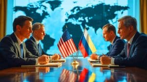 Illustration of the escalating tensions between the US and Russia over sanctions related to the Ukraine conflict.