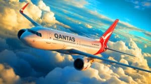 Illustration of a Qantas airplane experiencing a rapid descent due to a pressurization warning.