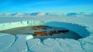 Illustration of the rediscovered Camp Century military base buried beneath Greenland's ice.