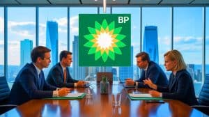 Illustration of BP headquarters with a focus on the potential sale of its Castrol lubricants unit.