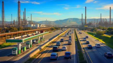 Illustration of the race to develop new pipelines in response to California refinery closures and rising fuel prices.