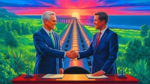 Illustration of Canadian leaders signing a landmark energy agreement for a new oil pipeline to the Pacific.