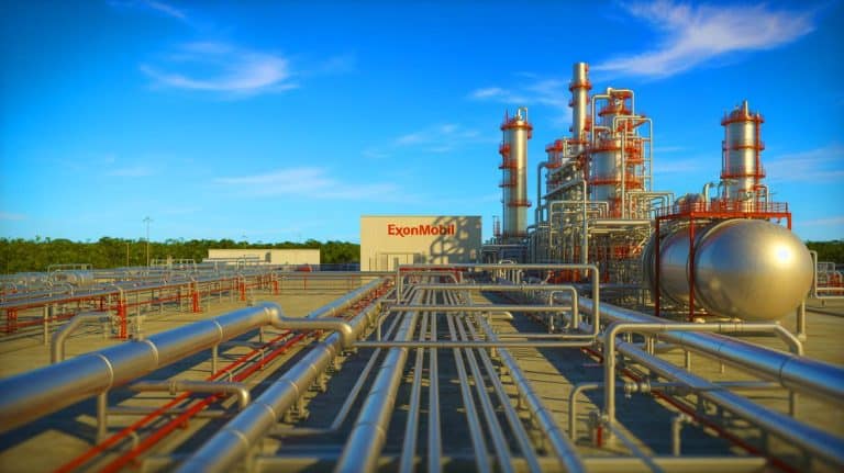 Illustration of Exxon Mobil's paused hydrogen plant project in Baytown, Texas, due to weak customer demand.