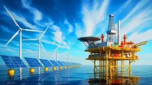 Illustration of offshore oil and gas platforms as renewable energy gains prominence in global energy investments.