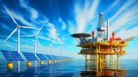 Illustration of offshore oil and gas platforms as renewable energy gains prominence in global energy investments.