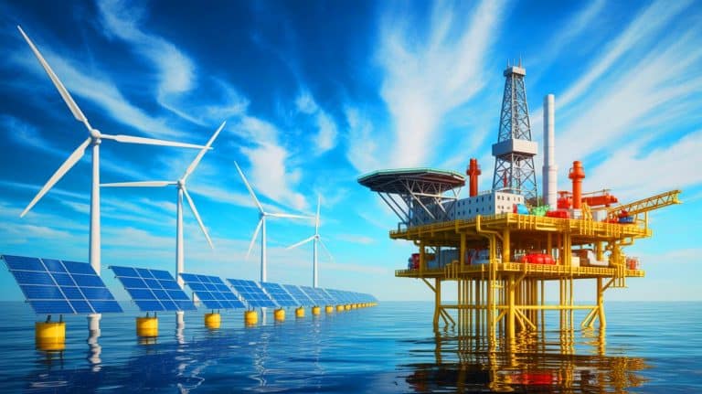 HSBC Predicts Significant Decline in Oil and Gas Deals, Shifting Future Energy Landscape and Economic Dynamics Illustration of offshore oil and gas platforms as renewable energy gains prominence in global energy investments.