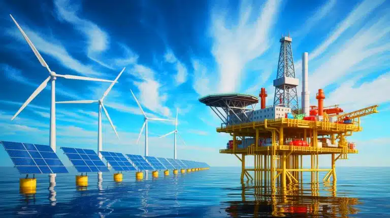 HSBC Predicts Significant Decline in Oil and Gas Deals, Shifting Future Energy Landscape and Economic Dynamics Illustration of offshore oil and gas platforms as renewable energy gains prominence in global energy investments.