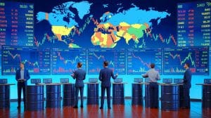 Illustration of oil prices declining amidst geopolitical tensions and increased U.S. crude production.