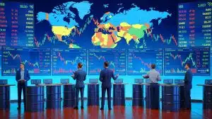 Illustration of oil prices declining amidst geopolitical tensions and increased U.S. crude production.