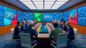 Illustration of OPEC+ meeting discussing a modest increase in oil output targets amid global market considerations.