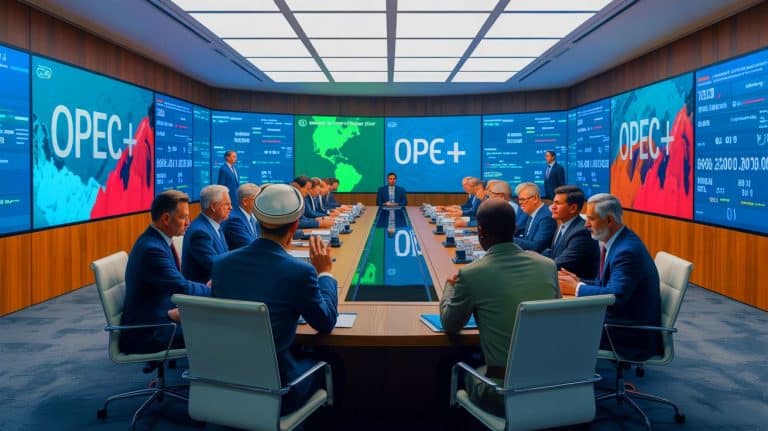 Illustration of OPEC+ meeting discussing a modest increase in oil output targets amid global market considerations.