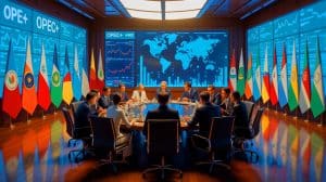 OPEC+ Pauses Oil Output Hikes, Sparking Concerns Over Potential Surplus and Economic Impacts Worldwide Illustration of OPEC+ members discussing oil output strategies amidst sanctions and potential oversupply concerns.