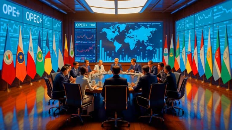 Illustration of OPEC+ members discussing oil output strategies amidst sanctions and potential oversupply concerns.